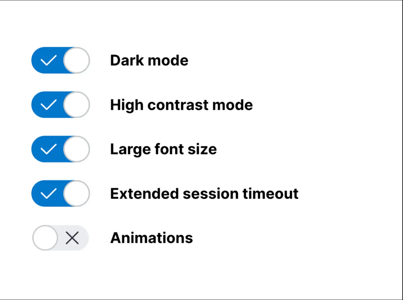 A set of toggle switches labelled: Dark mode, high mode, large font size, extended session timeout, animations.