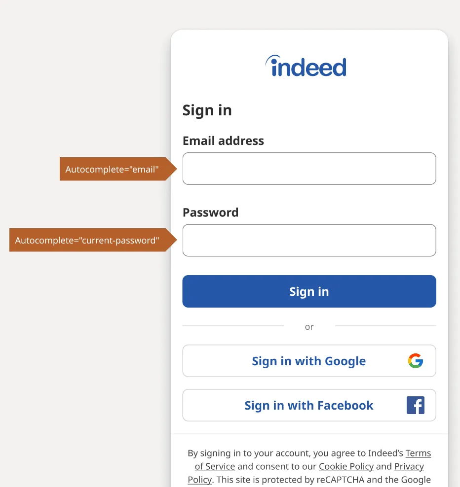 An app design in Figma, it shows email address and password input fields. There are annotations attached to them which shows autocomplete values for the developer to use, for example, autocomplete="email".