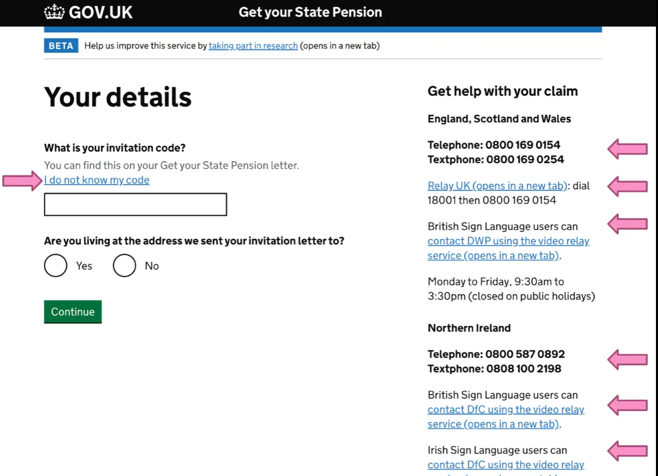 The Get your State Pension service on GOV.UK. There are arrows pointing to links to help you find your invite code, telephone numbers, textphone numbers and VRS support for people who need to use sign language.