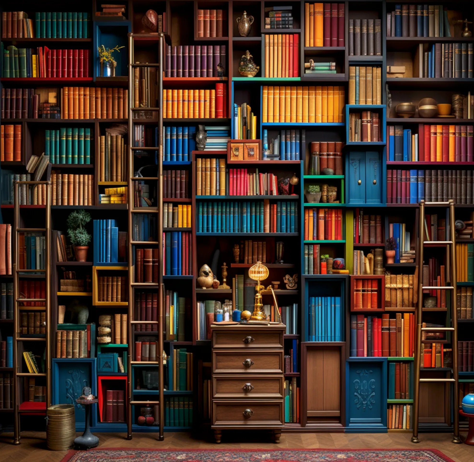 A wall full of books in a library, but all the books are organised by colour.