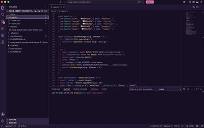 The demo's JavaScript in Visual Studio Code, showing a palette array that documents the theme's own colours: pink for keywords, orange for strings, yellow for functions, blue for properties and green for numbers.