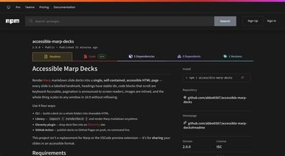 The accessible-marp-decks page on the npm website, showing version 2.0.0 published 25 minutes earlier, and the readme describing the four ways to use it: CLI, library, Eleventy plugin and GitHub Action.