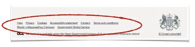 The GOV.UK footer showing a navigation menu containing links for: Help, Privacy, Cookies, Accessibility Statement, Contact, Terms and Conditions.
