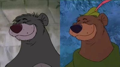 An image of Baloo and Little John side by side. They are identical apart from their clothes and the colour of their fur.