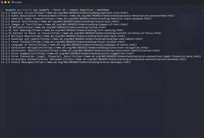 A terminal running "npx wcagify --level AA --impact Cognitive --markdown". It outputs every level AA criterion impacting cognitive accessibility as a list of ready-made markdown links.