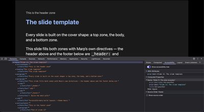 The same slide with the browser developer tools open. The accessibility panel shows the slide is a region landmark named Slide 11: The slide template, containing a section header, a heading, paragraphs and a code block, and ending with text reading End of slide 11.
