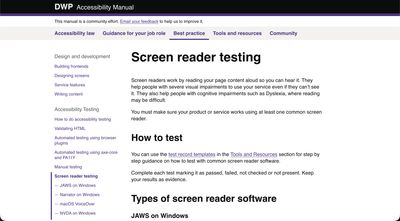 The Screen reader testing page in the Best practice section, explaining how screen readers work and how to test with software such as JAWS, Narrator, VoiceOver and NVDA.