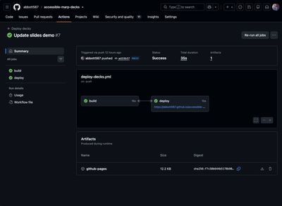 A successful GitHub Actions run of the deploy-decks workflow: a build job and a deploy job with green ticks, publishing the built decks to a GitHub Pages URL.