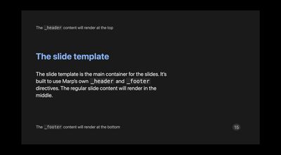 A slide from the demo deck in the basic theme's dark mode, titled The slide template. The header zone above and the footer zone below are filled with text explaining where the _header and _footer content renders, and the slide number 15 sits in the bottom corner.
