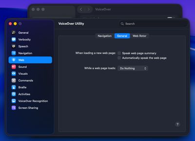 VoiceOver Utility's Web pane on the General tab, with both 'when loading a new web page' options unchecked and 'while a web page loads' set to Do Nothing.