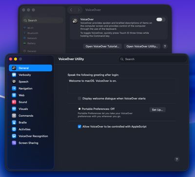 VoiceOver Utility's General pane with 'Allow VoiceOver to be controlled with AppleScript' checked.