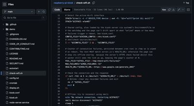 The check-wifi.sh watchdog script on GitHub. Comments explain how failures are counted between cron runs, and the code polls a health URL then reconnects the Wi-Fi with nmcli when it is unreachable.
