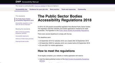 The Public Sector Bodies Accessibility Regulations 2018 page in the Accessibility law section, explaining the legislation and listing the compliance deadlines for websites and mobile applications.