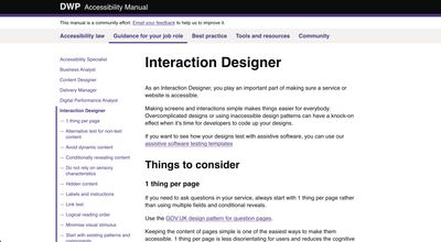 The Interaction Designer page in the Guidance for your job role section, with a sidebar of role-specific topics such as 1 thing per page, alternative text, and logical reading order.