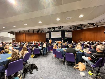 The Accessibility Scotland audience at round tables, two assistance dogs resting on the floor, watches Craig on the distant stage with a BSL interpreter, beneath screens reading "WCAG has 3 levels".