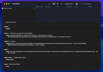 Script Editor showing the VoiceOver Suite dictionary, including the move command and its direction and place options.