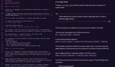 A markdown file side by side with the web page compiled from it. The markdown references 2.4.2 with a wcagify placeholder as the URL, and the web page renders it as the full link text 2.4.2 Page Titled, linked to the WCAG 2.2 understanding document.