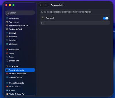 The Accessibility pane under Privacy & Security, with Terminal listed and its toggle switched on.