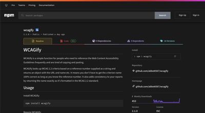 The WCAGify page on the npm website, showing version 2.1.0 with TypeScript types, the readme, and the weekly downloads chart.