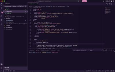 Visual Studio Code with the theme applied to the whole workbench, editing the HTML of the theme's demo page. Element tags are pink, attribute values are orange, and the file explorer and panels sit on the same purple surfaces as the blog.