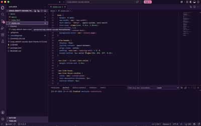 The demo's stylesheet in Visual Studio Code, with CSS selectors in yellow, properties in blue, and values referencing custom properties like var(--colour-pink), matching the code blocks on this website.