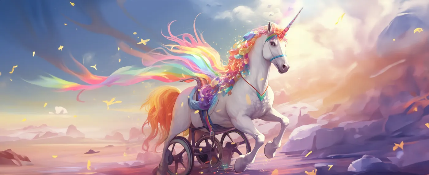 A unicorn running. Its back legs are supported by wheels, much like a wheelchair harness for dogs. Its surrounded by bursts of rainbow colours.