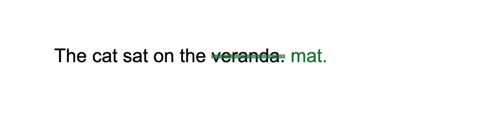 Text from a Google Doc. It reads "The cat sat on the veranda." The word veranda is crossed out, and the word mat is written alongside it, suggesting that the sentence should instead read: "The cat sat on the mat."