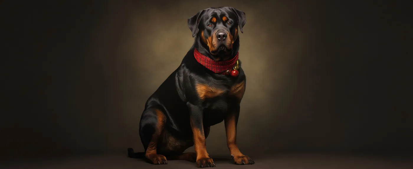 A Rottweiler wearing a red bandanna style collar. It's a large muscular dog with short black sleek fur and distinctive tan markings on the face, chest, and paws. Its head is strong and broad with a kind face and medium sized ears that flop loosely on either side.