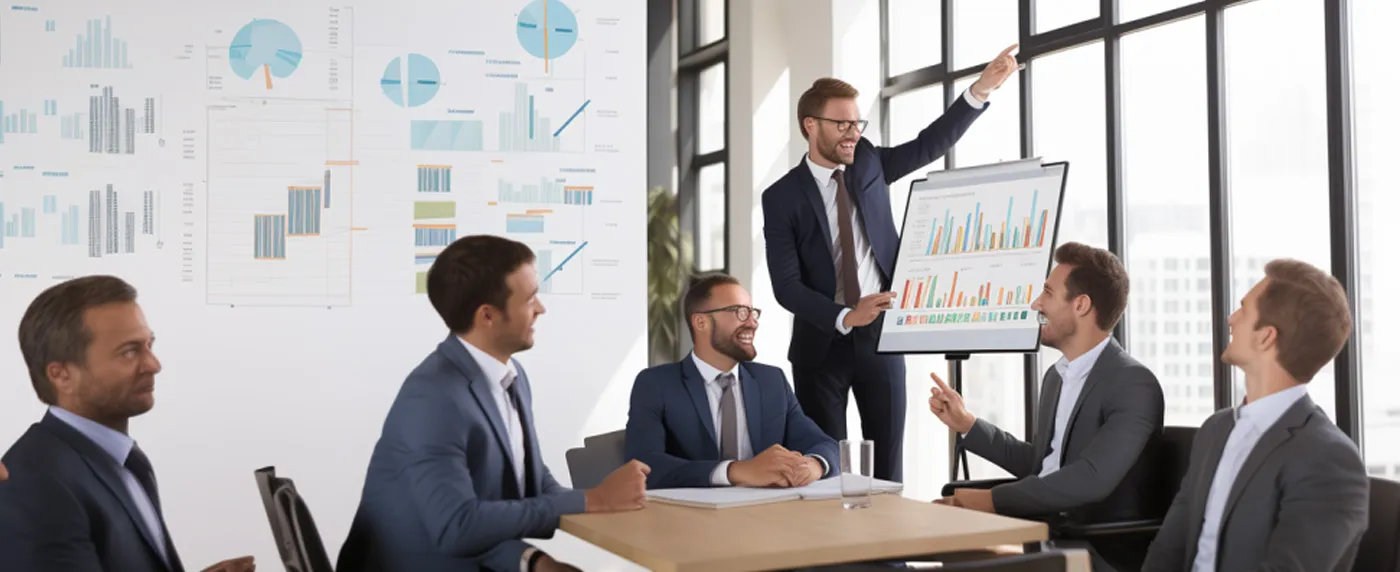 A generic stock image of 6 white men wearing suits, gathered around a small table, laughing and pointing at charts.