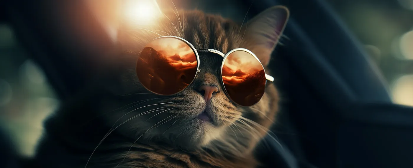 A close up headshot of a ginger cat wearing mirrored sunglasses. It's in a car, and its sunglasses reflect the dark orange clouds of a sunset.