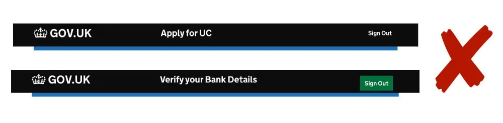 A comparison of sign out functionality on two similar looking headers. One is a link which reads: Sign out. The other is a green button which reads: Sign out.