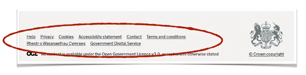 The GOV.UK footer showing a navigation menu containing links for: Help, Privacy, Cookies, Accessibility Statement, Contact, Terms and Conditions.