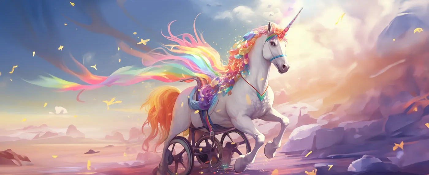 A unicorn running. Its back legs are supported by wheels, much like a wheelchair harness for dogs. It's surrounded by bursts of rainbow colours.
