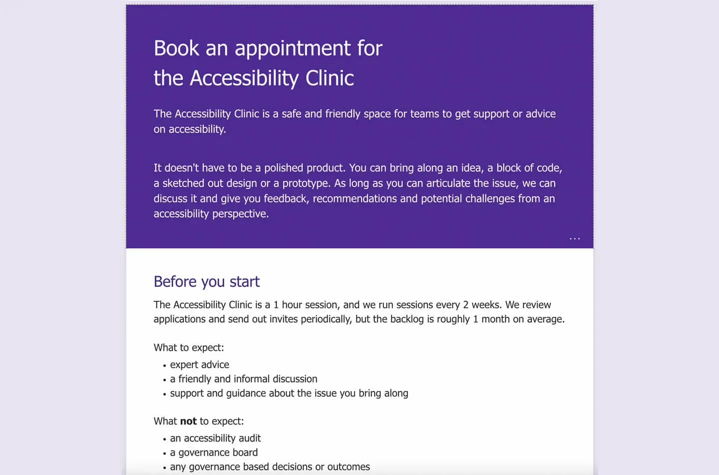 A simple Microsoft form titled: Book an appointment for the accessibility clinic.