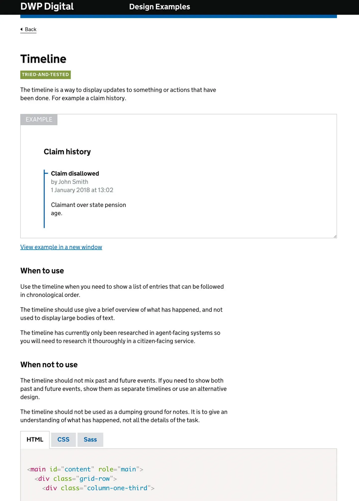 A screenshot of the DWP Design Examples app. It shows the Timeline pattern. There is an example of the design at the top, then a paragraph on how to use and how not to use the component. At the bottom there is a codeblock which shows HTML, CSS and SASS code.