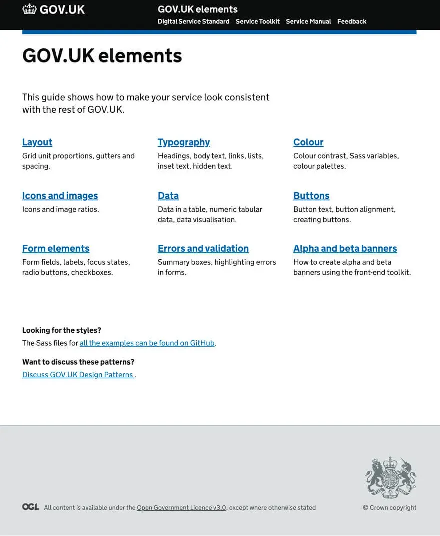 A screenshot of the landing page of GOV.UK Elements.
