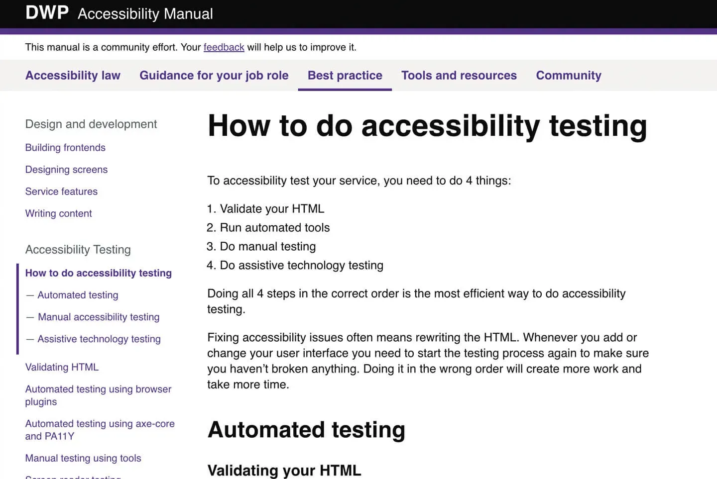 The best practice section in the accessibility manual. It shows the screen for how to do accessibility testing.