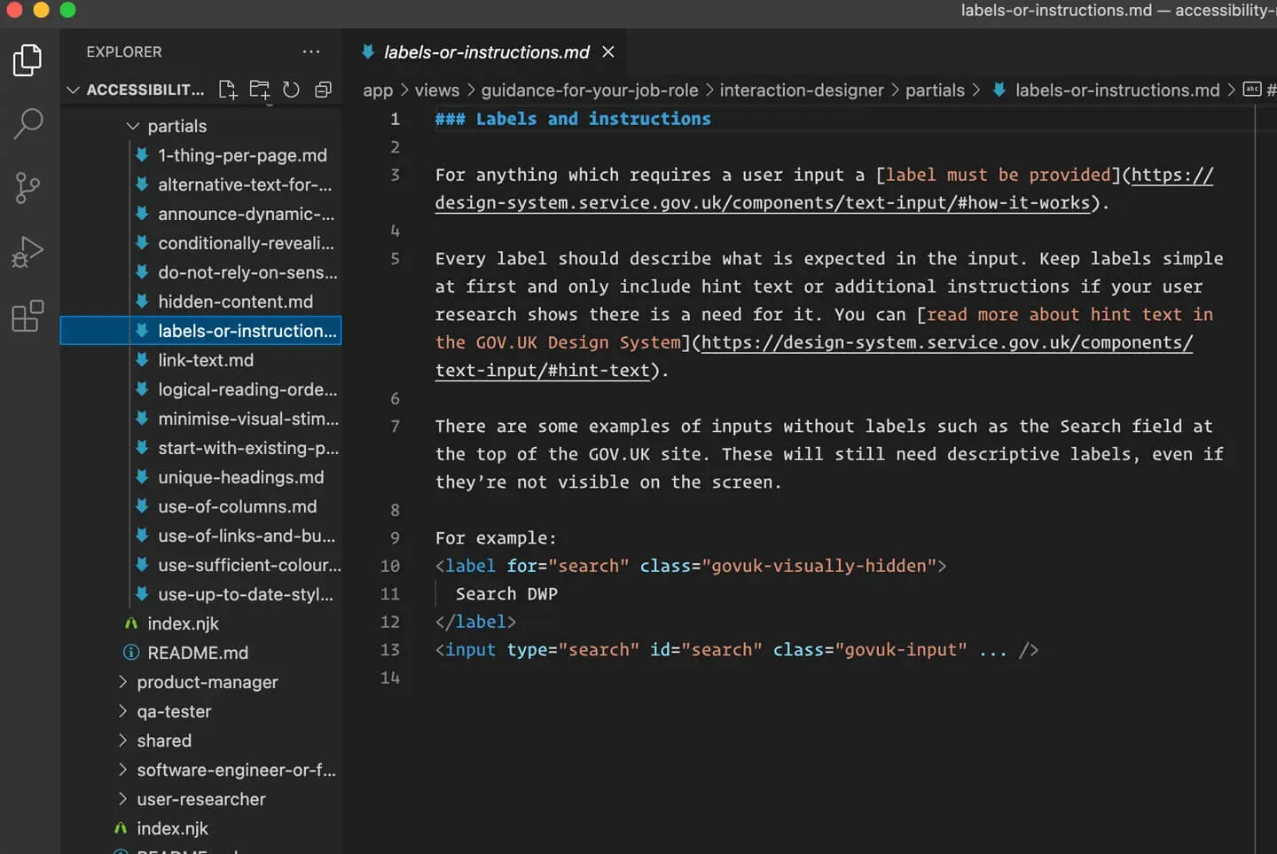 The Accessibility Manual open in Visual Studio Code. It shows the content to explain labels or instructions to an Interaction Designer, but it is written in Markdown format.