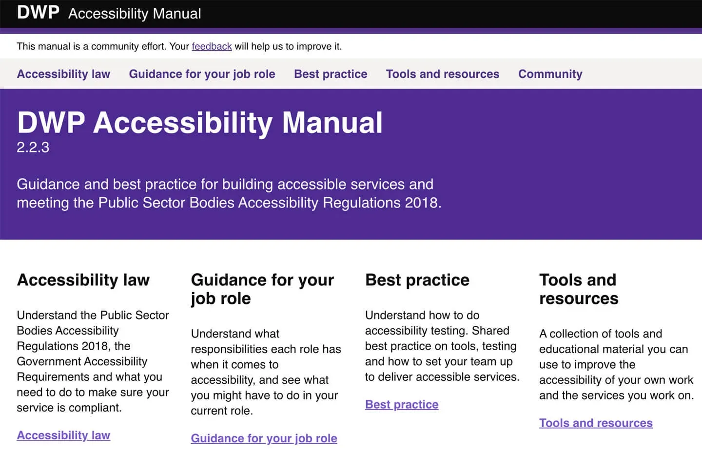 The homepage of the DWP Accessibility Manual.