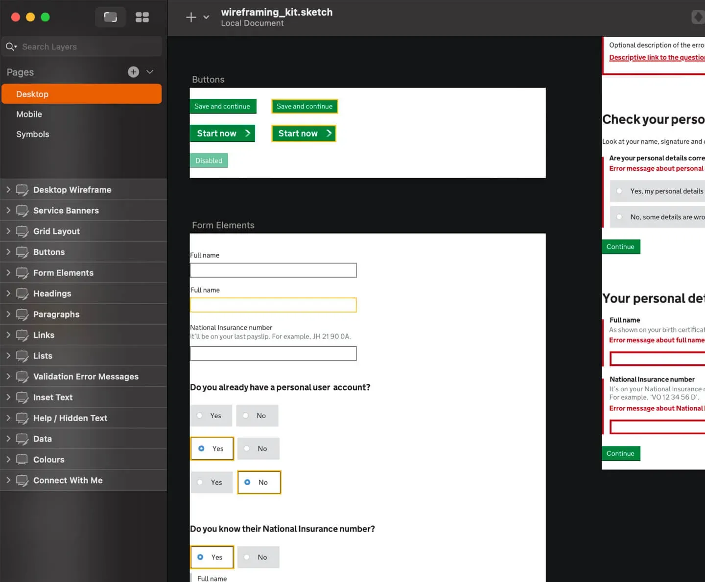 A screenshot of version 1 of the GOV.UK Wireframing Kit for Sketch. It shows a collection of elements such as inputs and radios. They are scaled for desktop screens.