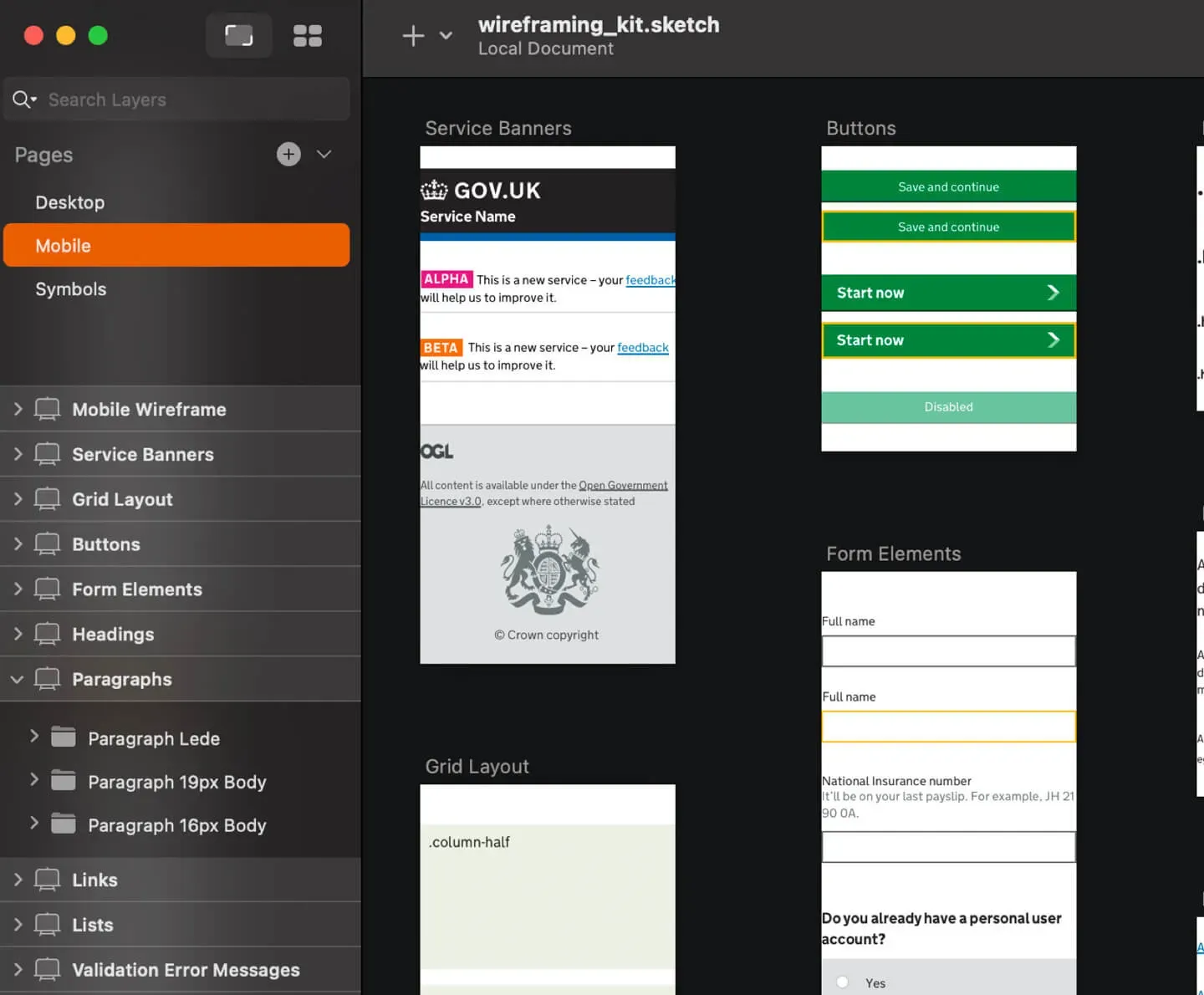Version 1 of the GOV.UK Wireframing Kit for Sketch. It shows a collection of elements such as inputs and radios. They are scaled for mobile screens.