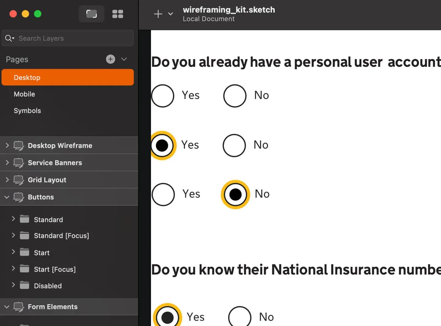 Version 2 of the GOV.UK Wireframing Kit for Sketch. It shows large radios buttons to match the GOV.UK style.