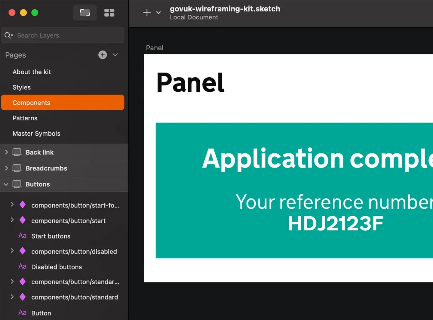 Version 3 of the GOV.UK Wireframing Kit for Sketch. It shows updated categories for styles, components and patterns. The panel component shows the teal background colour which was not updated until GOV.UK Frontend Version 3.0