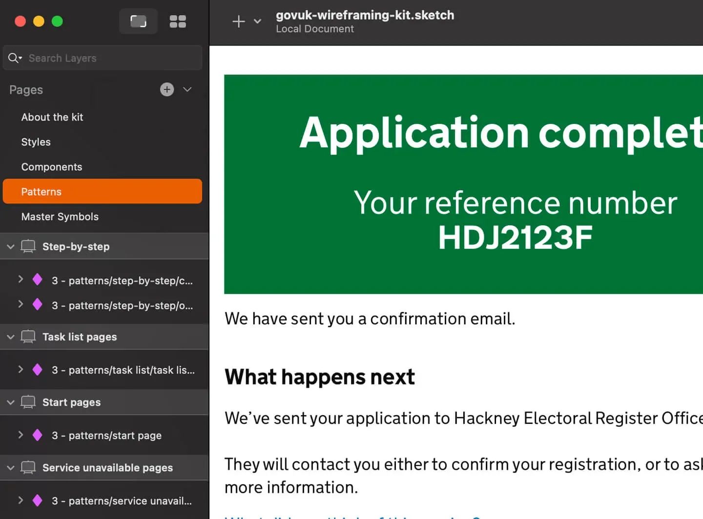 Version 4 of the GOV.UK Wireframing Kit for Sketch. It shows an updated panel component with a darker green background colour to align with GOV.UK Frontend Version 3.0